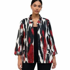 Chicos Jacket Womens 2 Red Black Ikat Print Linen 3/4 Sleeve Open Front Boho